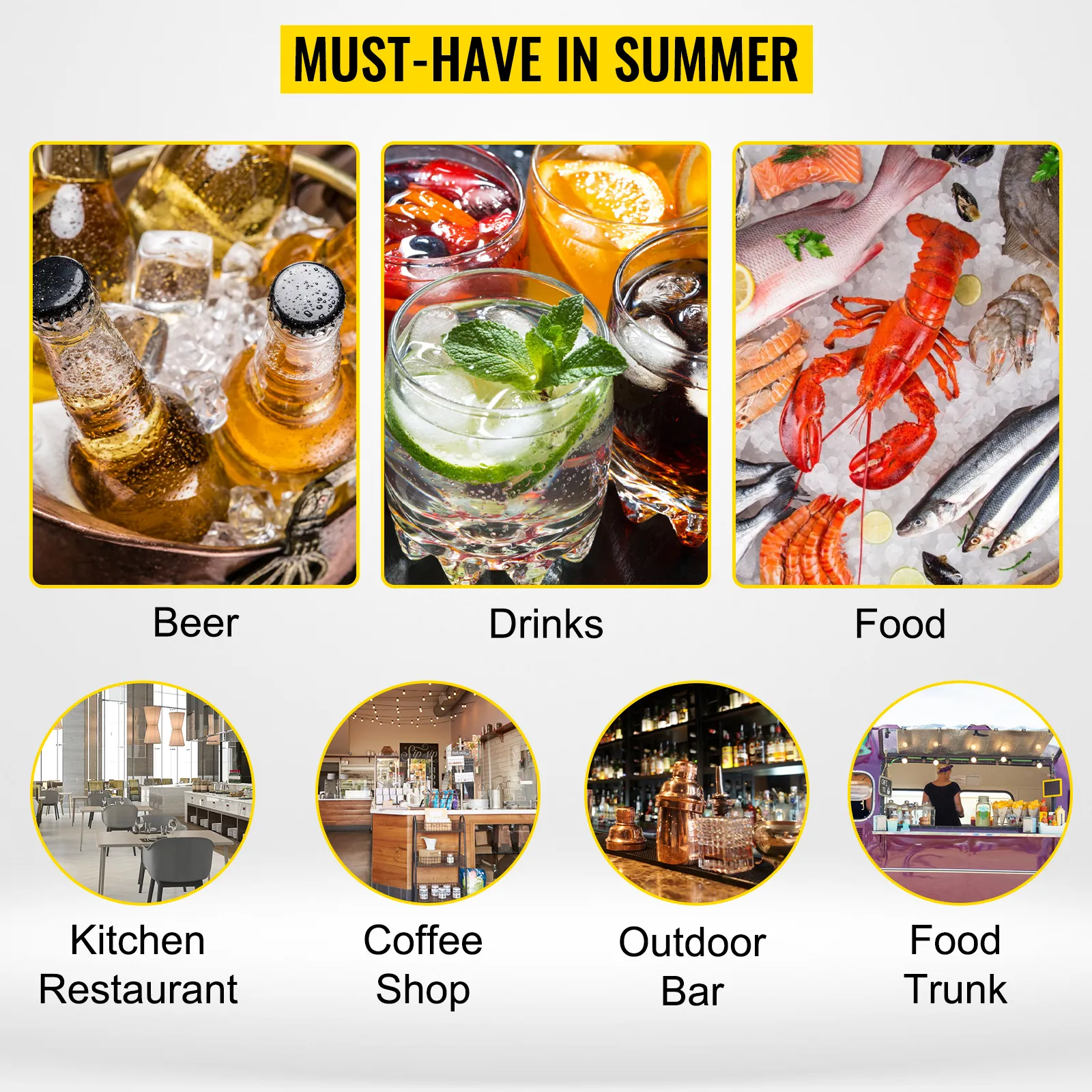 Artículos imprescindibles para el verano: cerveza, bebidas, comida, perfectos para la cocina, cafetería, bar al aire libre, food truck.