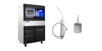 Máquina para fabricar hielo VEVOR con pala para hielo y kit de filtro sobre fondo blanco.