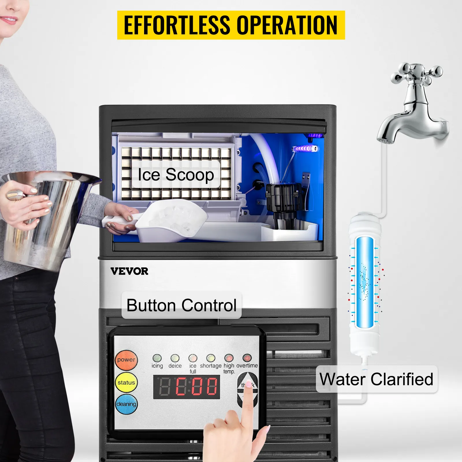 Máquina de hielo VEVOR con control de botones, pala para hielo y clarificador de agua para una operación sin esfuerzo.