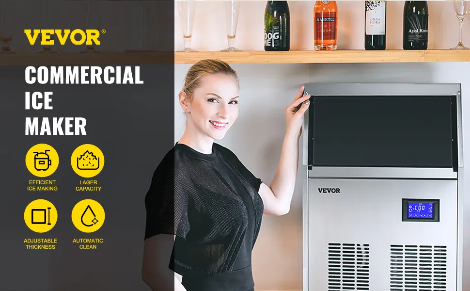 VEVOR ice maker with efficient ice making, large capacity, adjustable thickness, and auto clean.