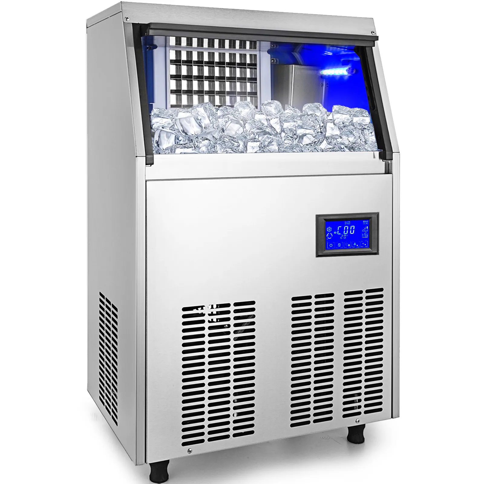 VEVOR ice maker with digital display and stainless steel exterior filled with ice cubes.