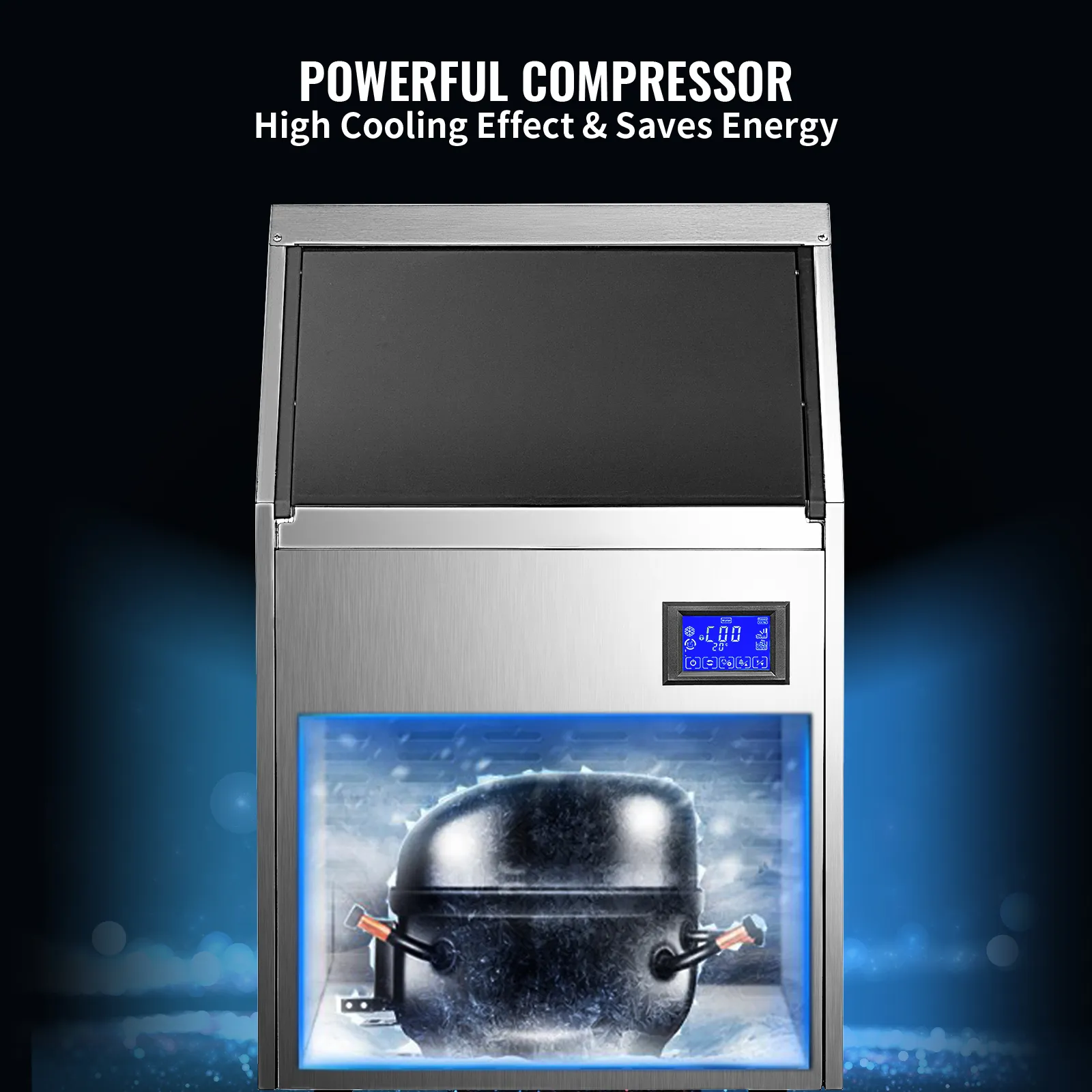 VEVOR ice maker with powerful compressor, digital display, and energy-saving design.
