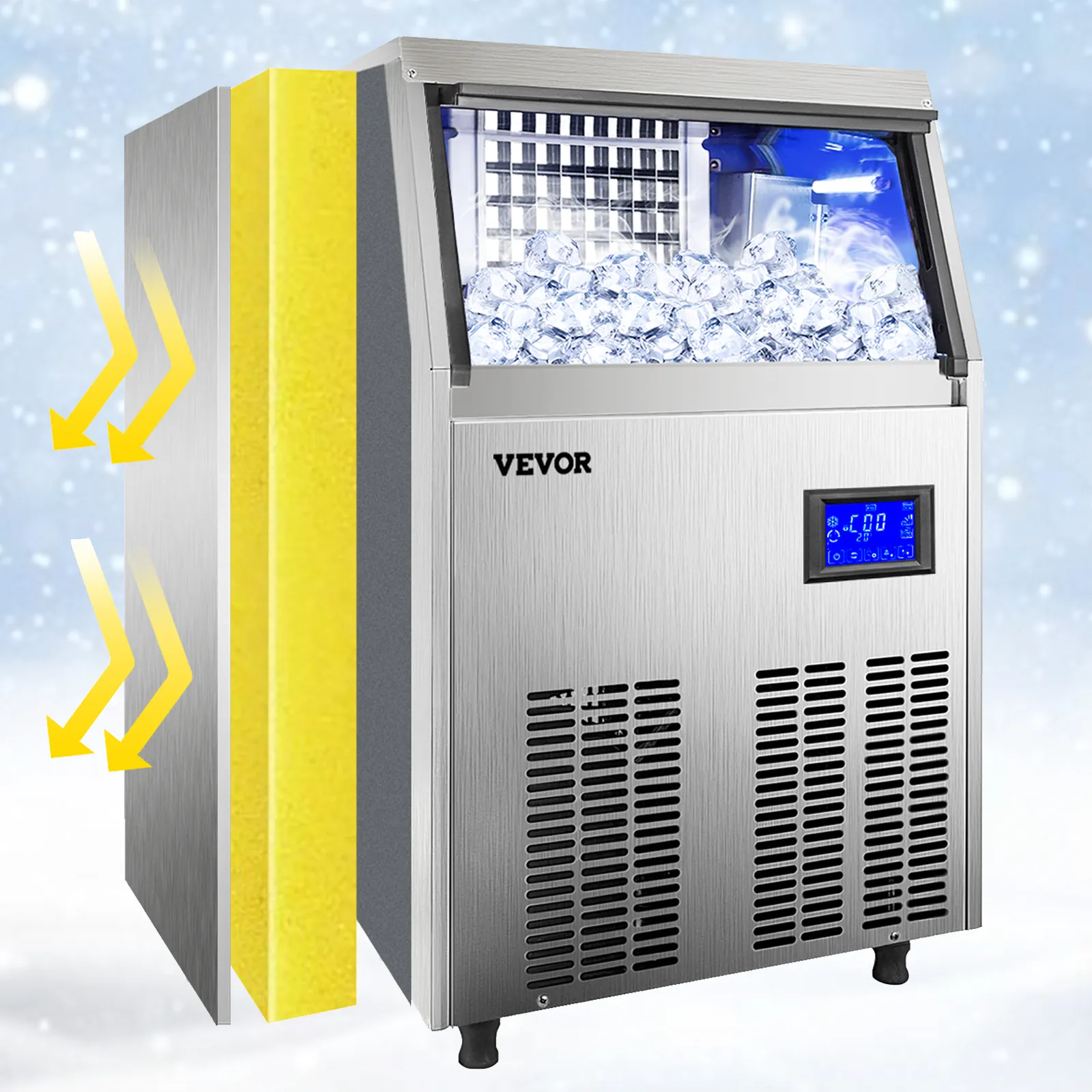 VEVOR ice maker with lcd display and stainless steel exterior.