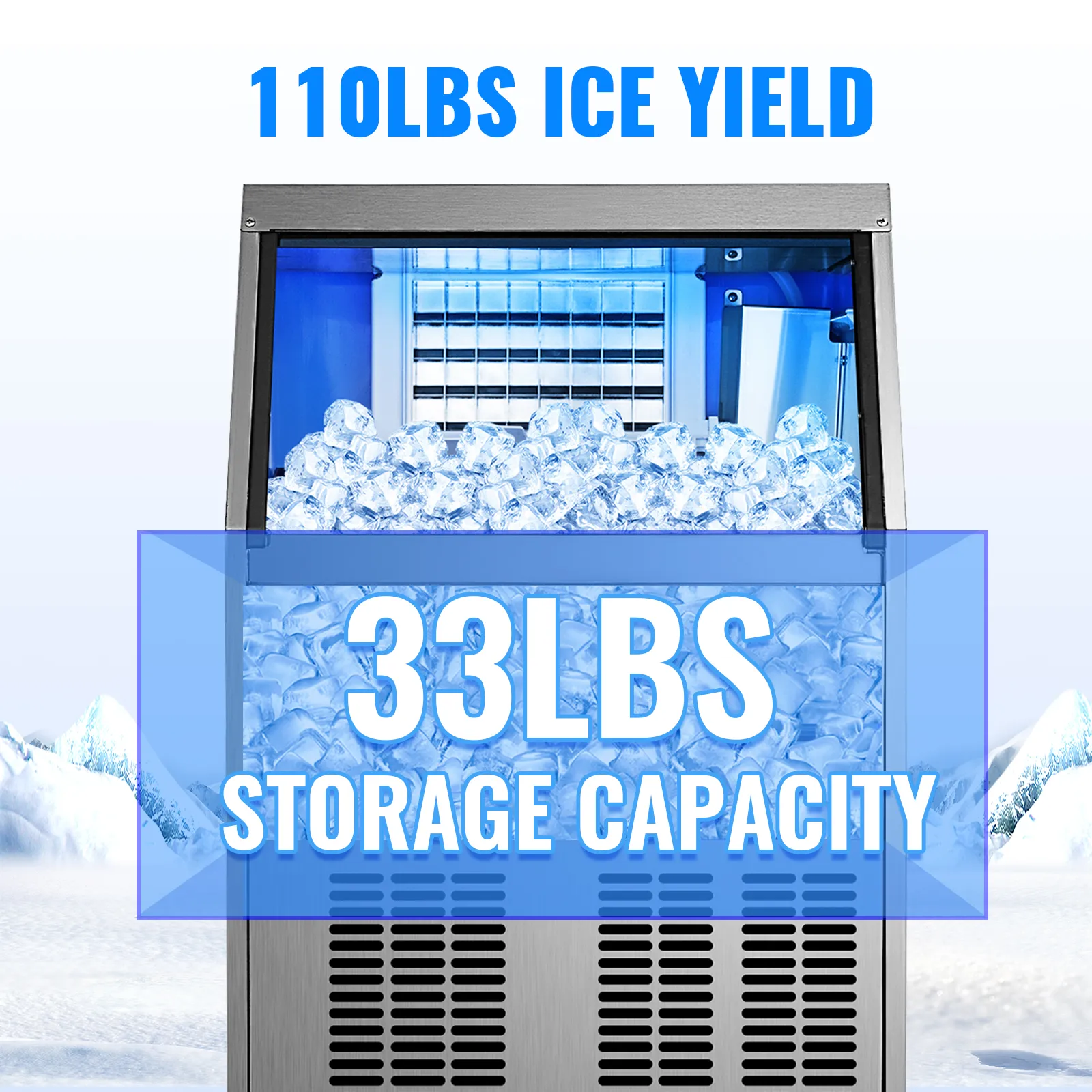 VEVOR ice maker with 110lbs ice yield and 33lbs storage capacity.