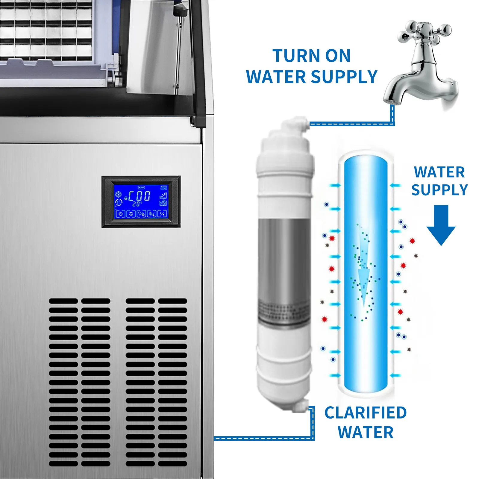 VEVOR ice maker setup with water supply and filtration steps illustrated.