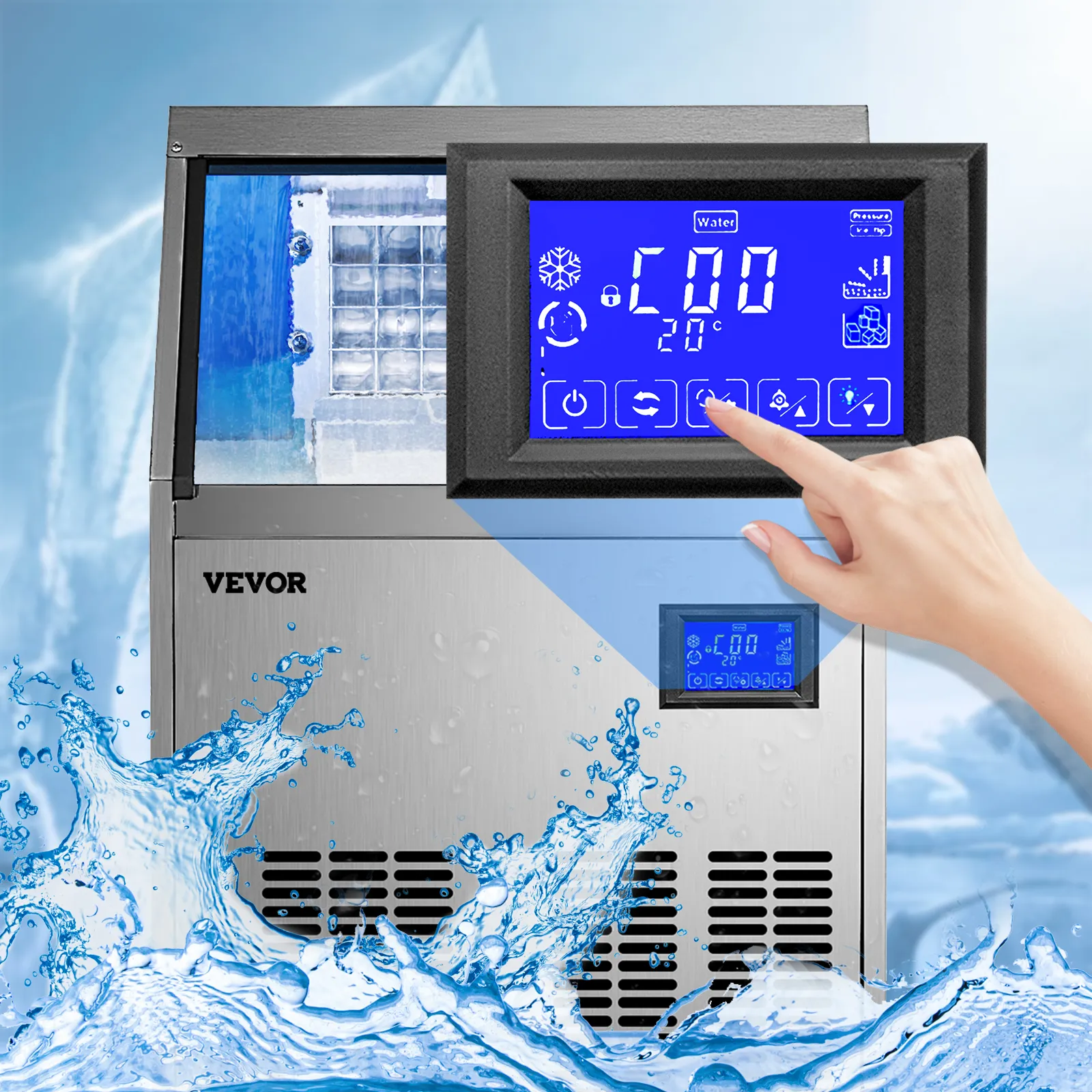 person operating VEVOR ice maker with ambient water splash effects.