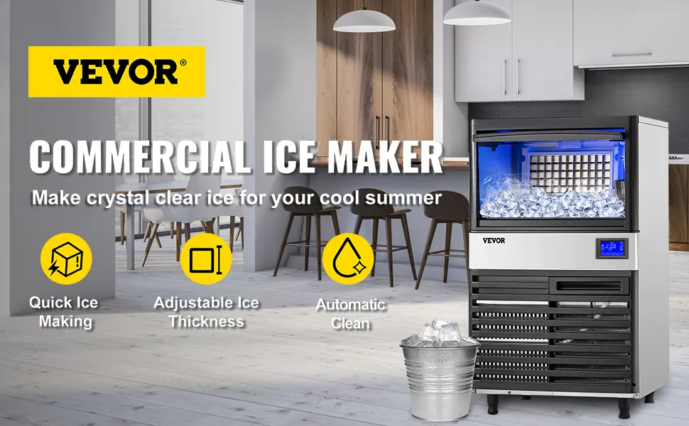 Máquina para fabricar hielo VEVOR en una cocina moderna, con énfasis en la fabricación rápida de hielo y la limpieza automática.