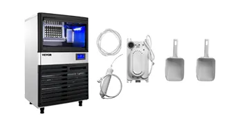 Máquina para fabricar hielo VEVOR con accesorios que incluyen mangueras y palas.