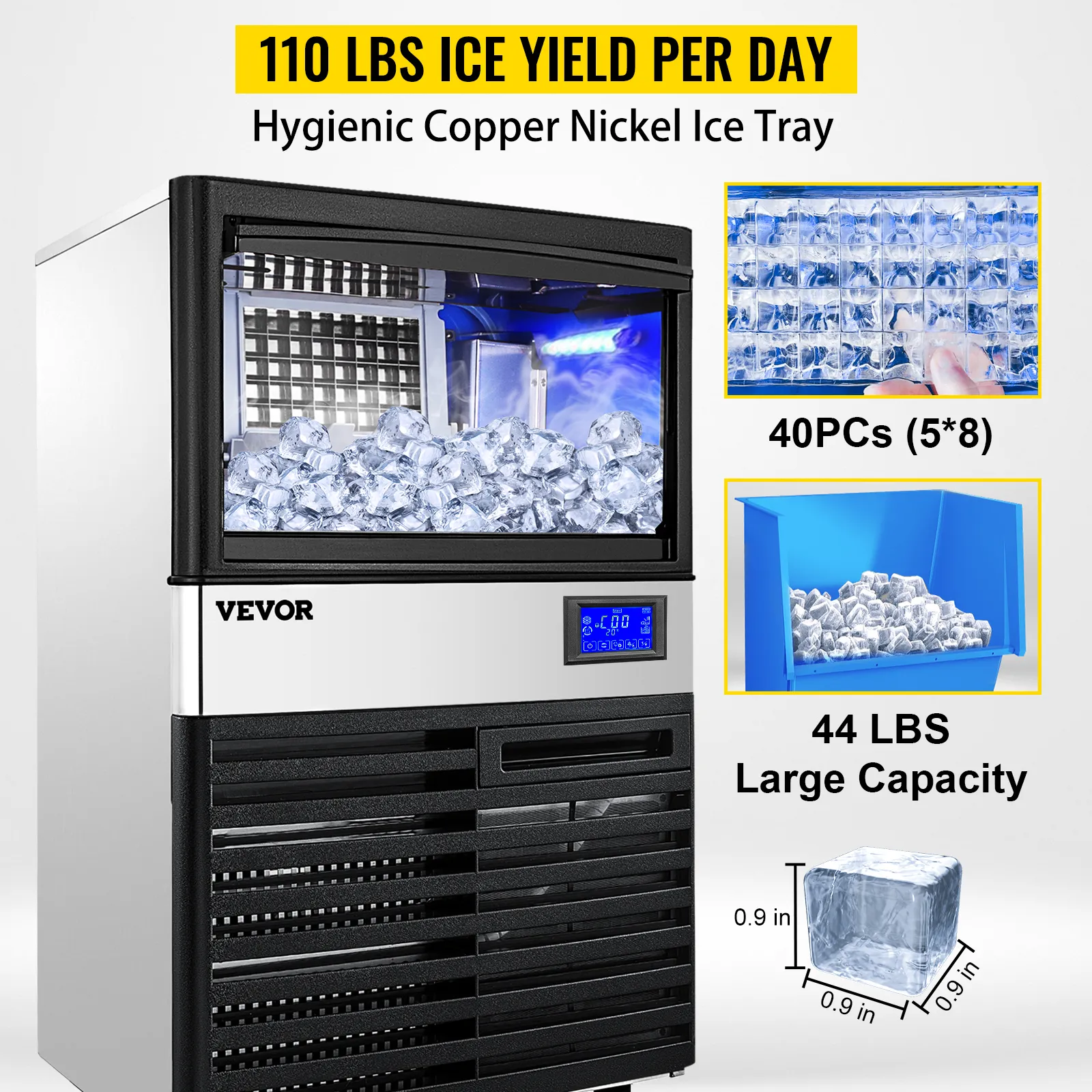 Máquina para fabricar hielo VEVOR con producción de hielo de 110 libras por día, 40 cubitos de hielo, capacidad de 44 libras.
