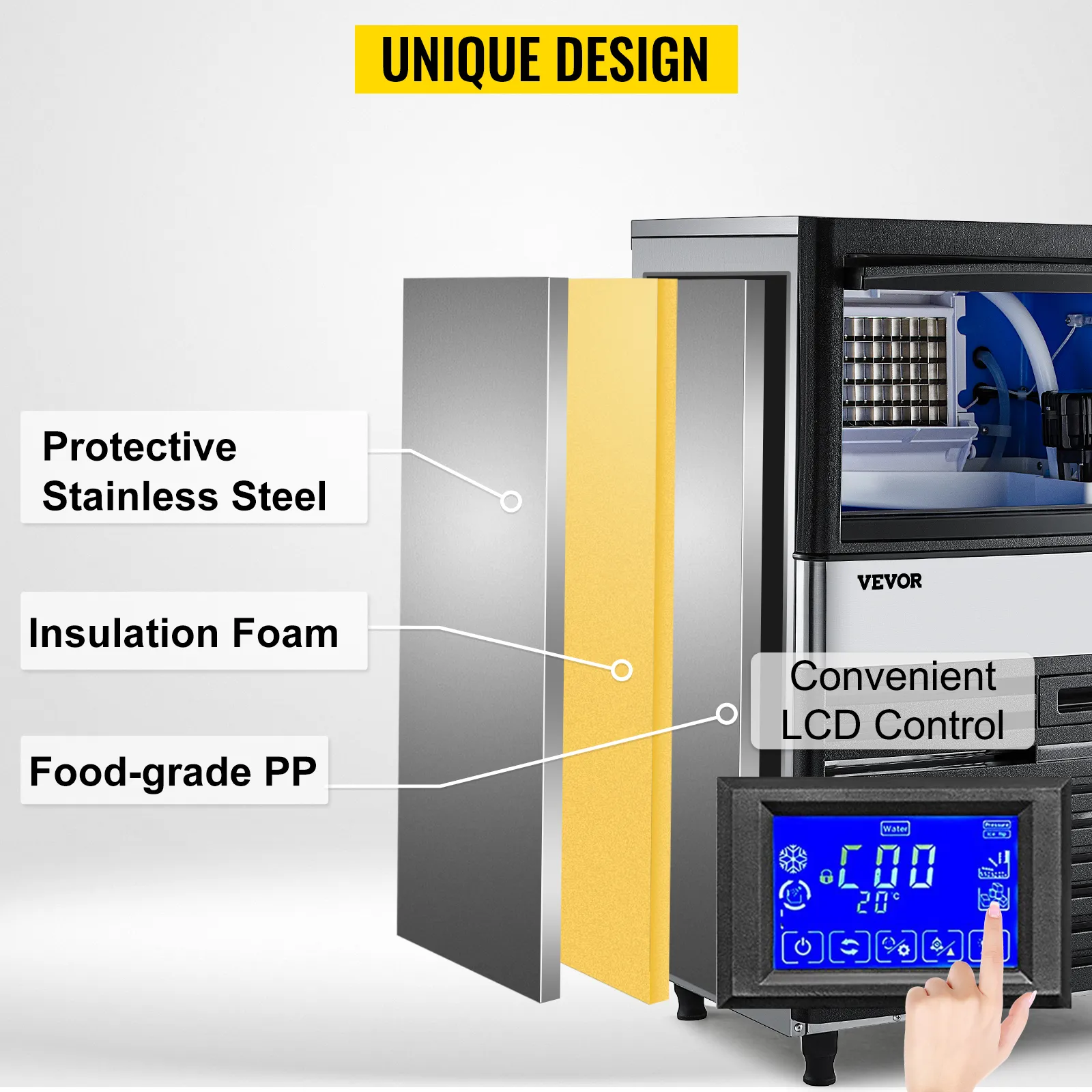 La máquina para fabricar hielo VEVOR cuenta con acero inoxidable protector, espuma aislante y control LCD.