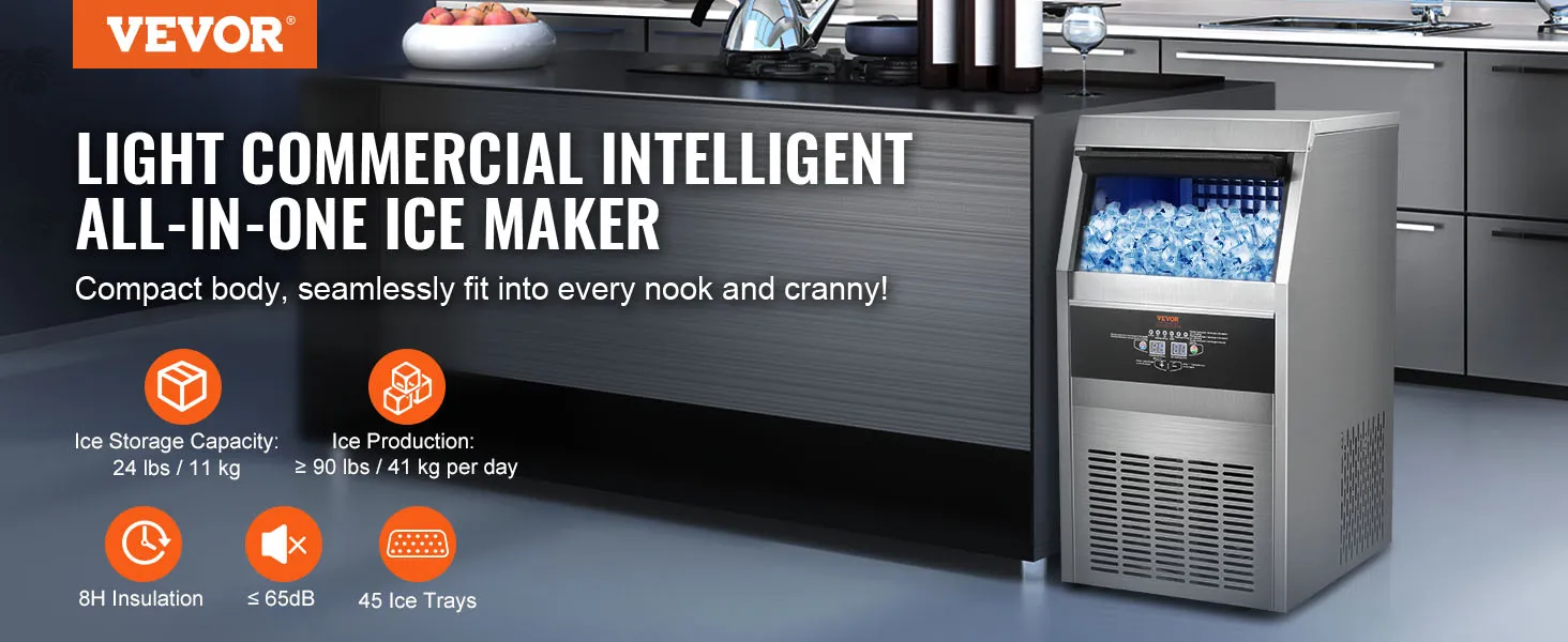 Máquina de hielo comercial VEVOR en cocina moderna con almacenamiento de 24 libras y producción de 41 kg/día.