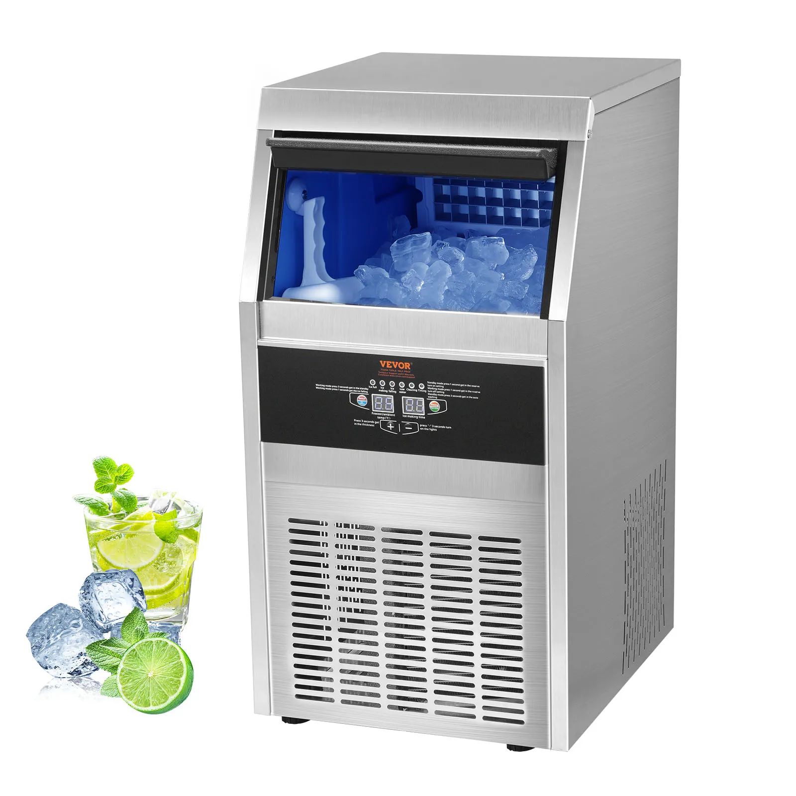 Máquina de hielo comercial VEVOR llena de hielo junto a un vaso de bebida de lima y menta.