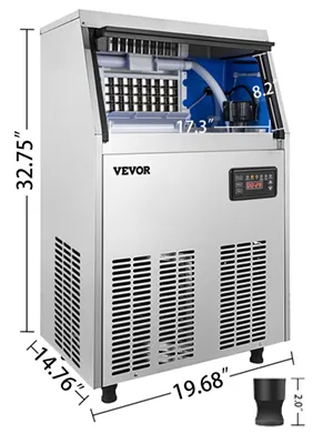 Máquina de hielo comercial VEVOR con dimensiones etiquetadas en pulgadas.