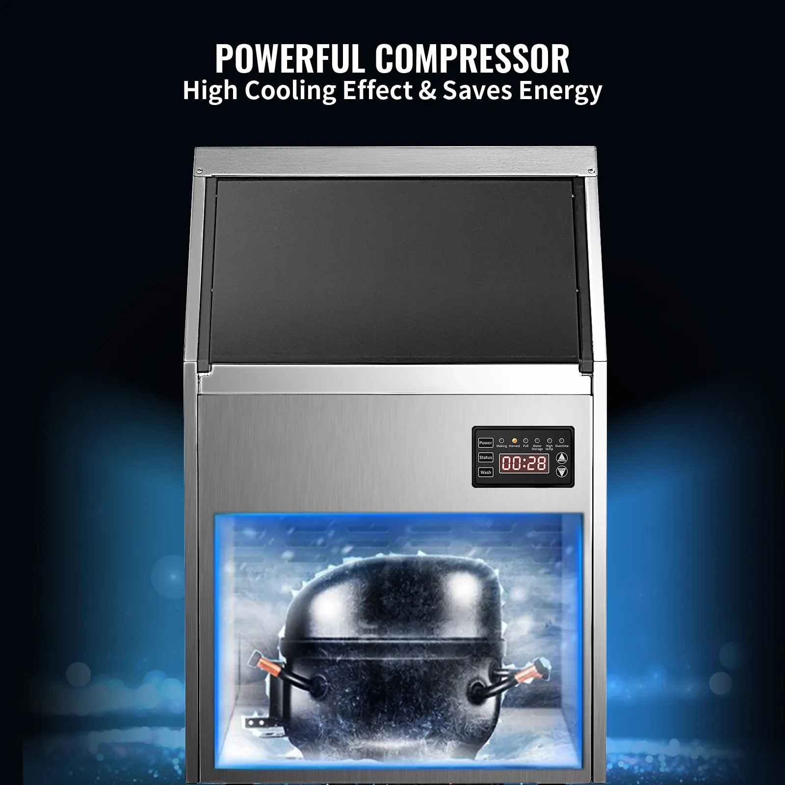 Máquina de hielo comercial VEVOR con compresor de alta eficiencia y funciones de ahorro de energía.