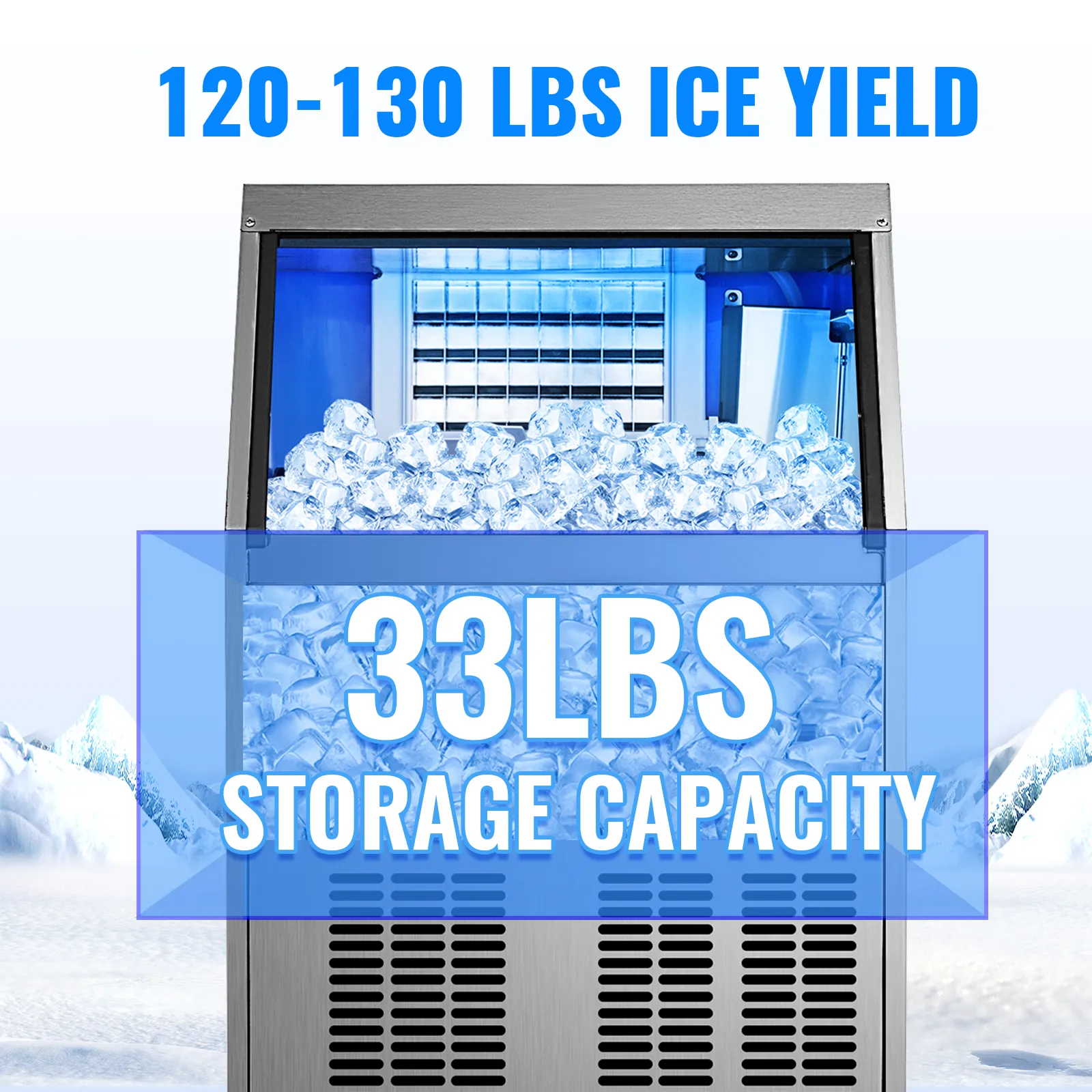 Máquina de hielo comercial VEVOR con producción de hielo de 120 a 130 libras y capacidad de almacenamiento de 33 libras.