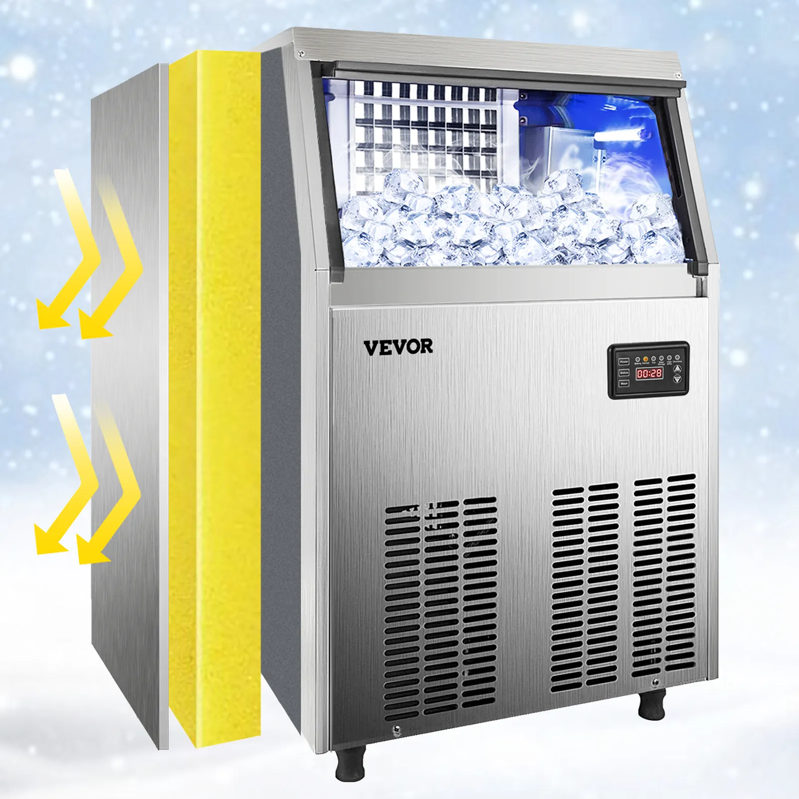 Máquina de hielo comercial VEVOR con acabado en acero inoxidable y panel de control digital.