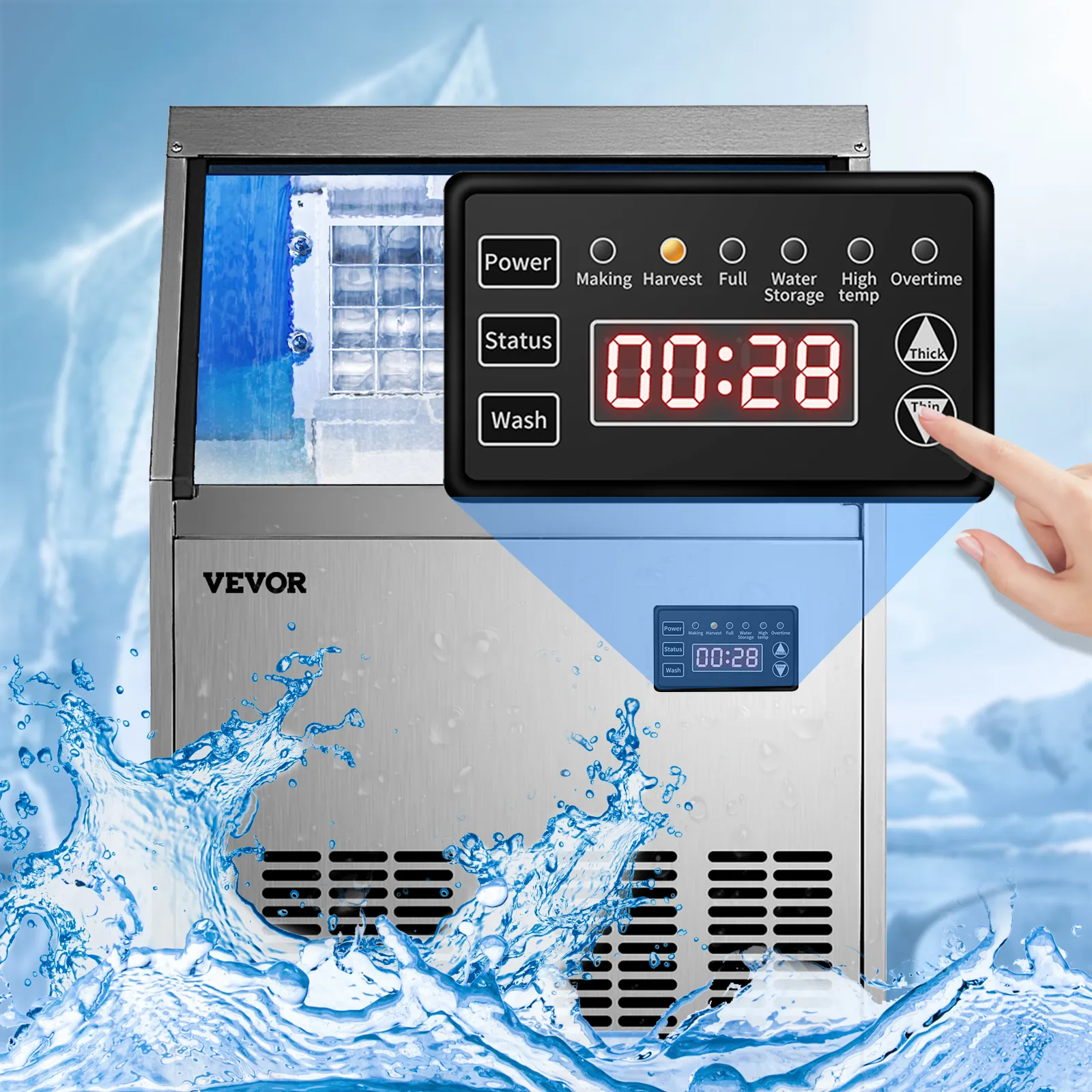 Máquina de hielo comercial VEVOR con panel de visualización y fondo de salpicaduras de agua.