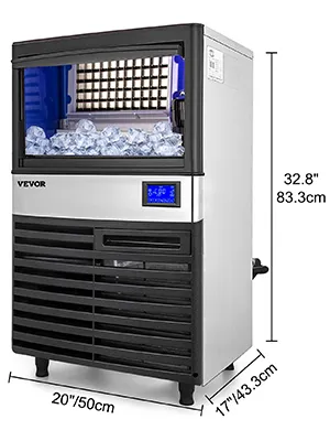 Máquina de hielo comercial VEVOR, cuerpo de acero inoxidable, pantalla LED, dimensiones mostradas.