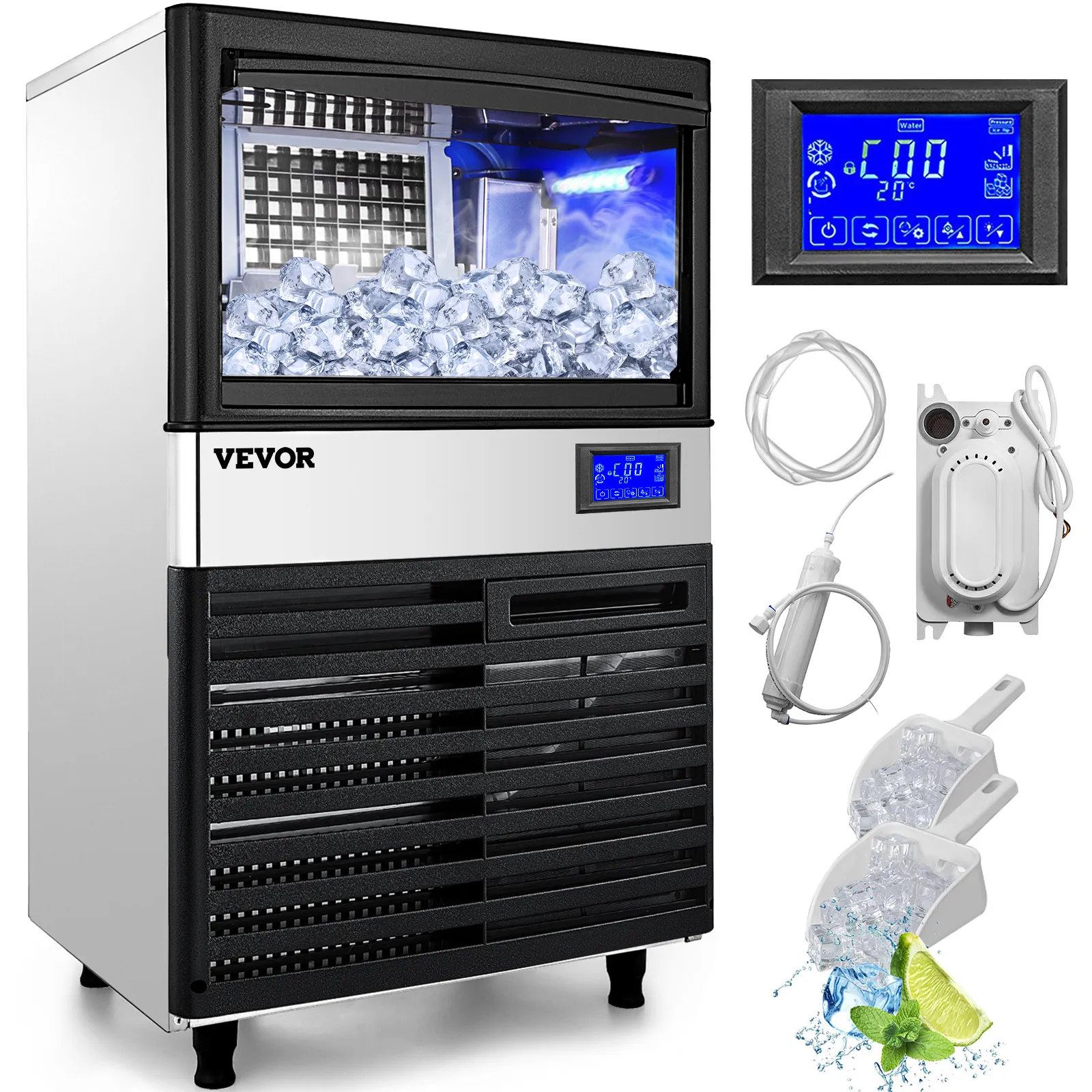 Máquina de hielo comercial VEVOR con panel de control digital, cubitos de hielo y kit de accesorios.