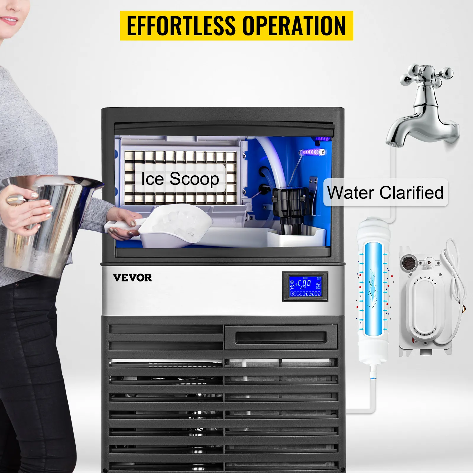 Máquina de hielo comercial VEVOR con pala para hielo y sistema de filtración de agua. Operación sin esfuerzo.