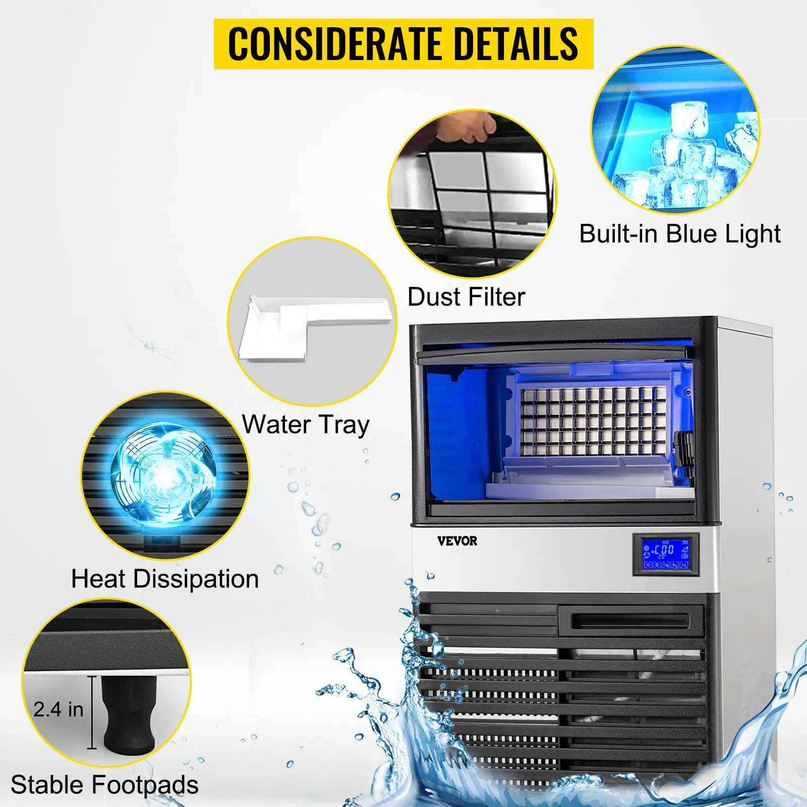 Máquina de hielo comercial VEVOR con luz azul, filtro de polvo, bandeja de agua y disipación de calor.