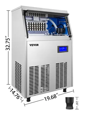 Máquina de hielo comercial VEVOR con dimensiones y pantalla digital, exterior plateado.