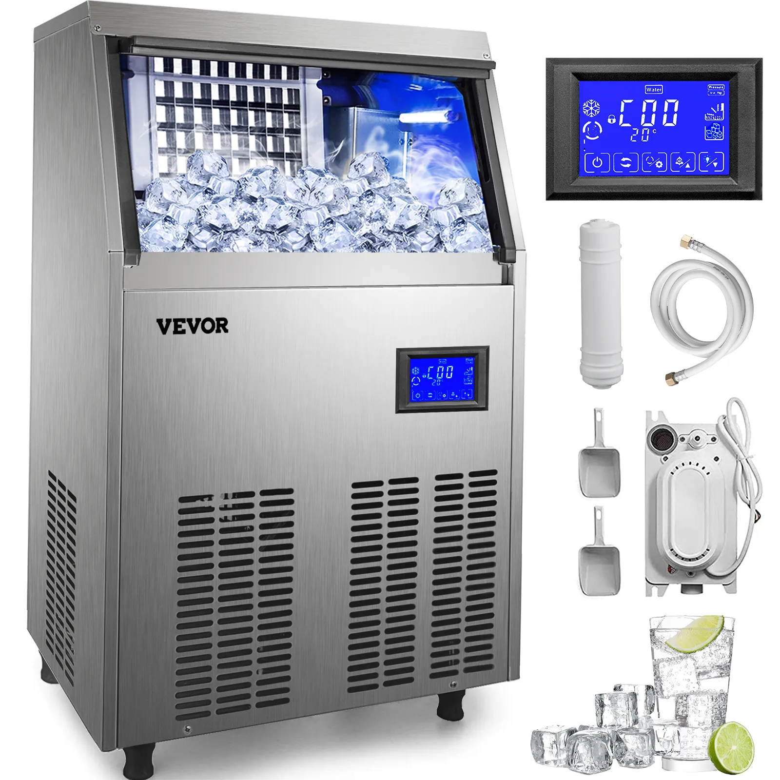 Máquina de hielo comercial VEVOR con accesorios y controles de pantalla táctil, llena de hielo.