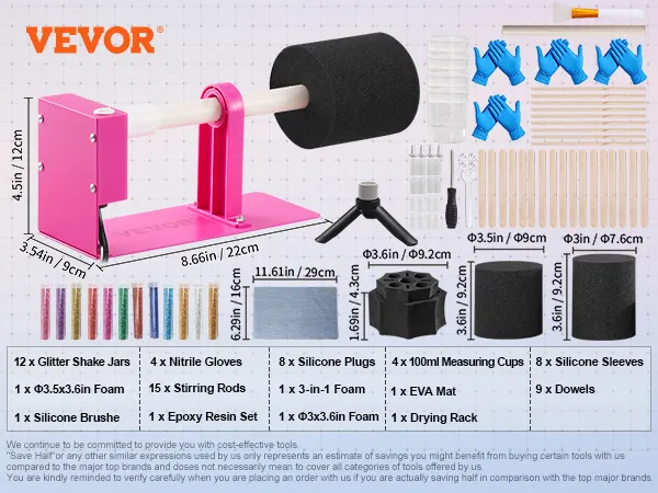 Volteador de tazas VEVOR con base rosa, soporte de espuma, frascos de purpurina, guantes, varillas para mezclar, resina epoxi y fundas de silicona.