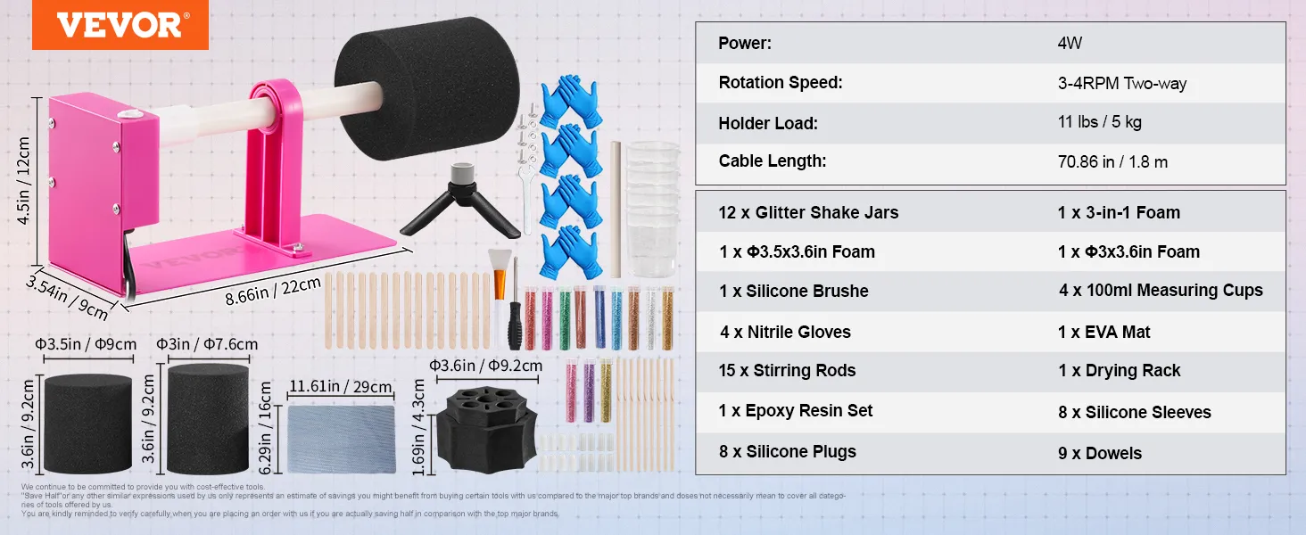 Volteador de tazas VEVOR con base rosa, soporte de espuma, frascos de purpurina, guantes, varillas para mezclar, resina epoxi y fundas de silicona.