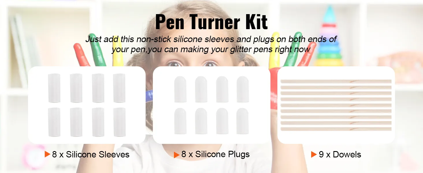 Kit para girar bolígrafos con 8 fundas de silicona, 8 tapones de silicona y 9 clavijas, perfecto para hacer bolígrafos con brillantina tú mismo.