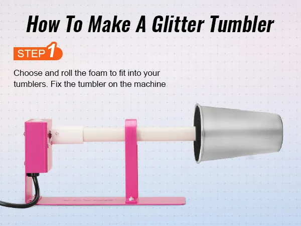 Tutorial del volteador de tazas VEVOR que muestra el paso 1: preparar y colocar la espuma en el vaso en una máquina rosa.