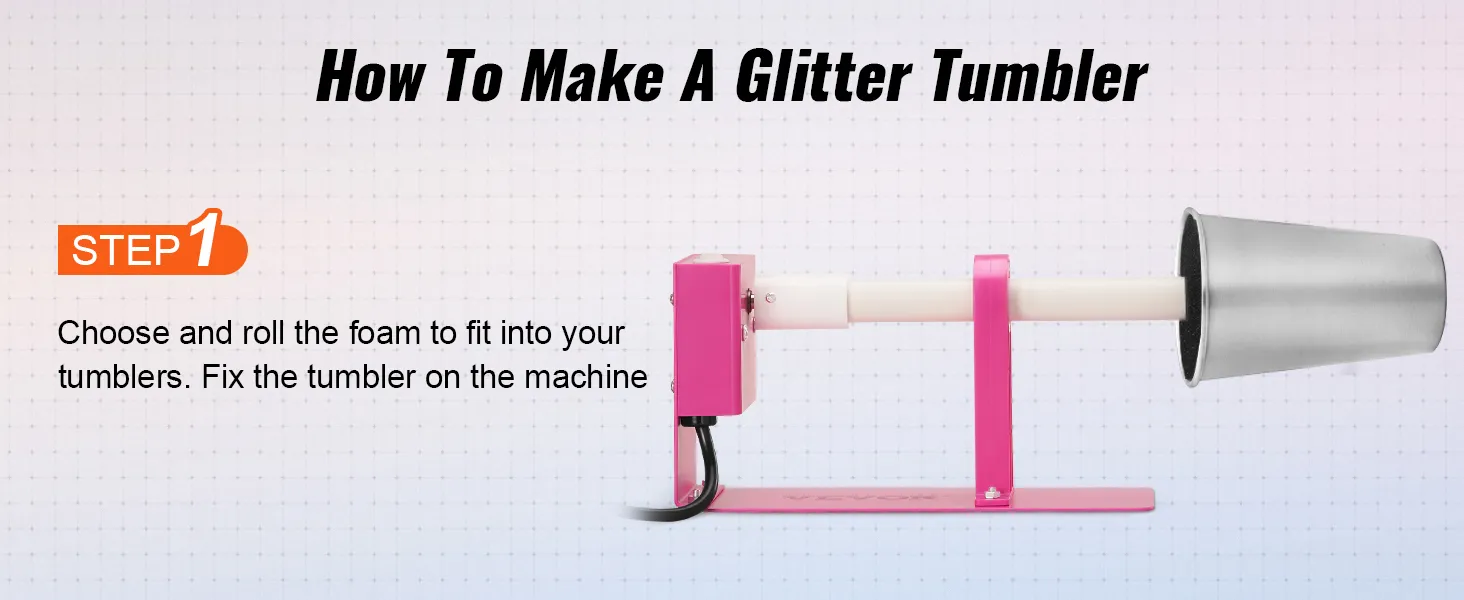 Tutorial del volteador de tazas VEVOR que muestra el paso 1: preparar y colocar la espuma en el vaso en una máquina rosa.