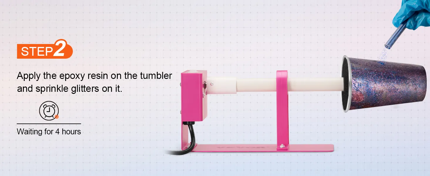 Paso 2: aplica epoxi en el vaso con el volteador de tazas VEVOR y espolvorea brillantina. Espera 4 horas.