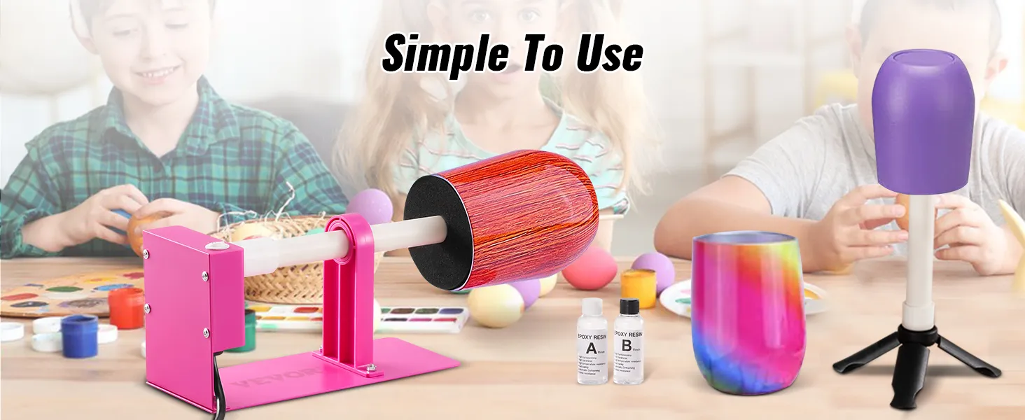 Volteador de vasos VEVOR para resina epoxi, base rosa con brazo giratorio, vasos de colores y botellas de resina.