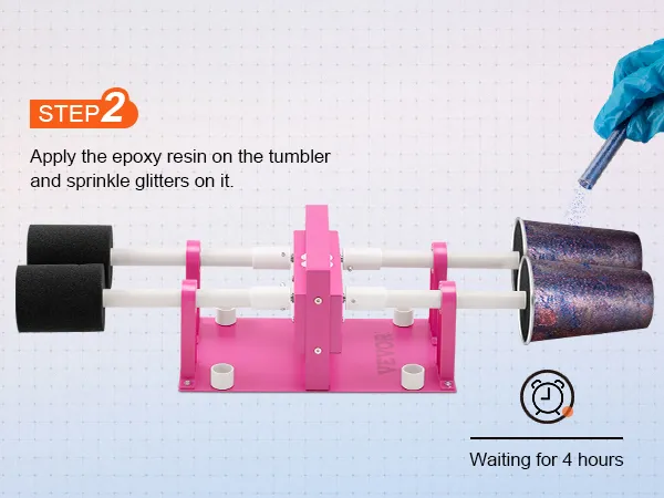 aplicar resina epoxi y brillantina a los vasos usando el volteador de 4 tazas VEVOR; esperar 4 horas.