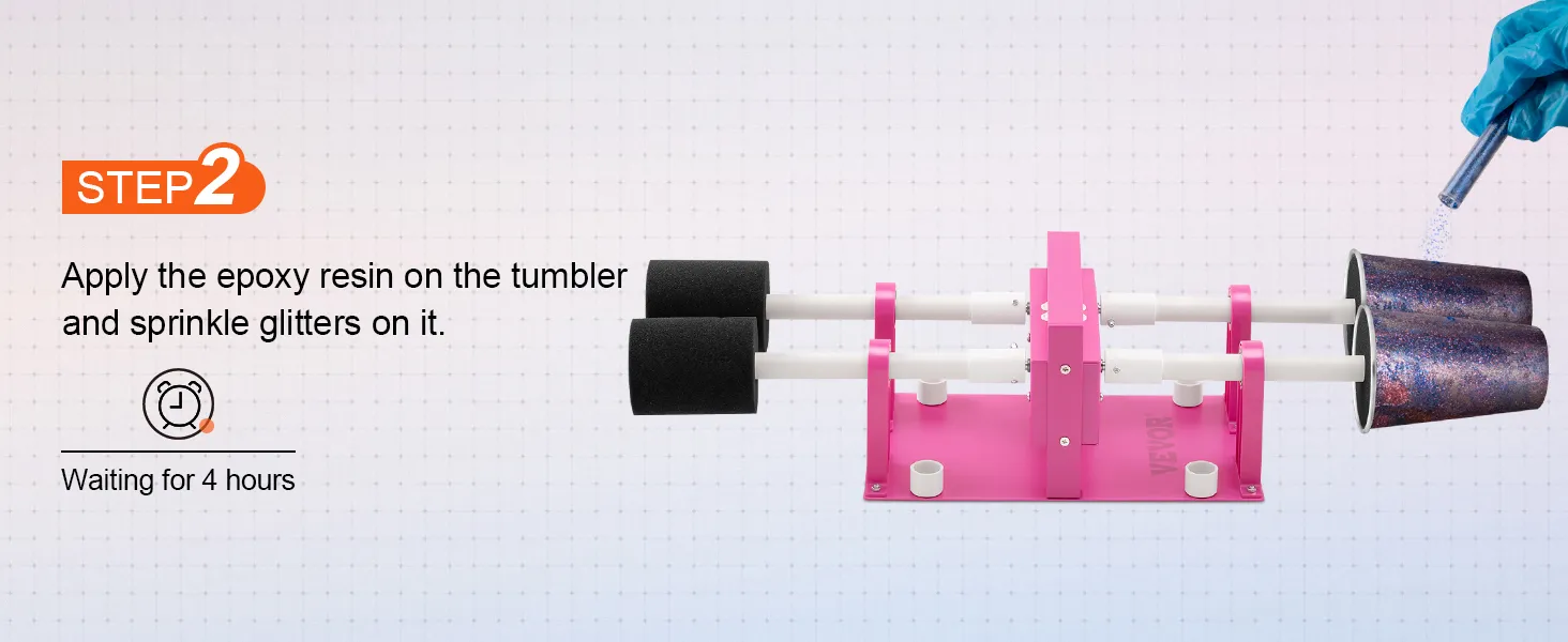 aplicar resina epoxi y brillantina a los vasos usando el volteador de 4 tazas VEVOR; esperar 4 horas.