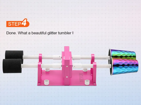 Paso 4 que muestra un volteador de tazas VEVOR rosa de 4 tazas con un vaso con brillantina terminado.