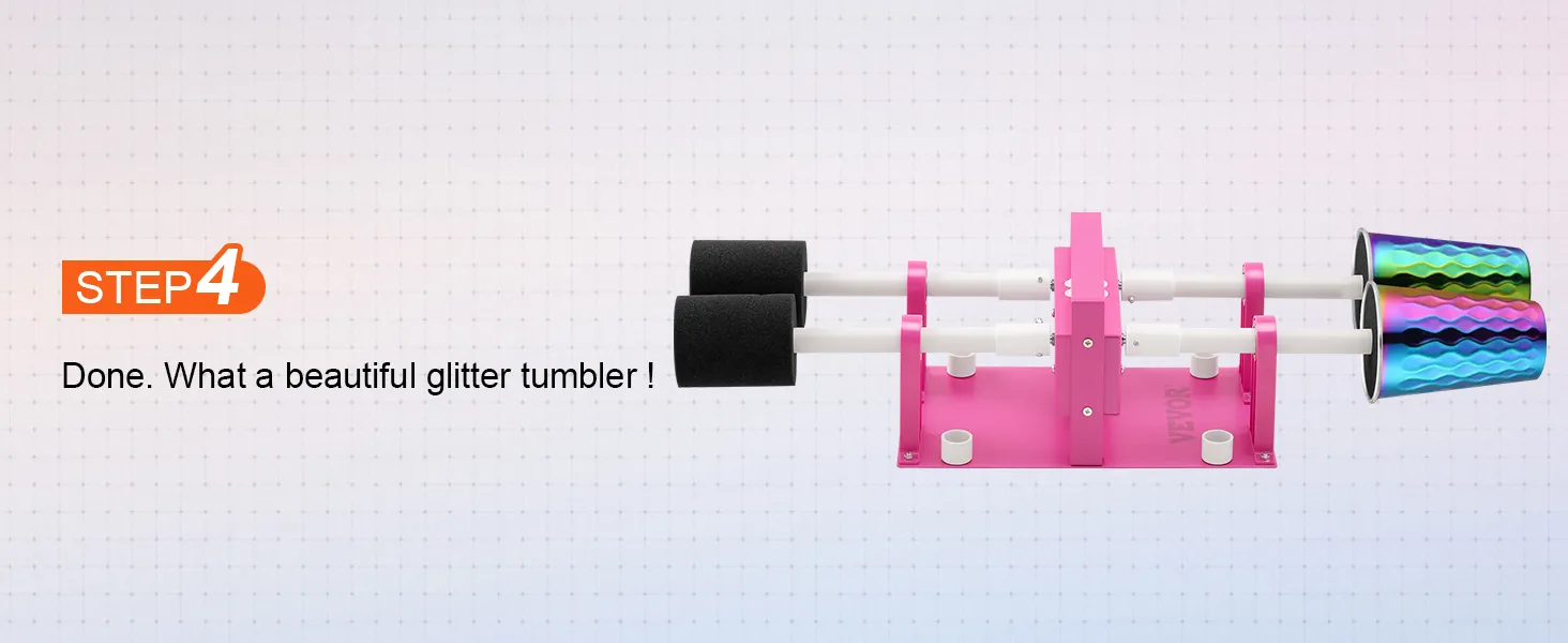 Paso 4 que muestra un volteador de tazas VEVOR rosa de 4 tazas con un vaso con brillantina terminado.