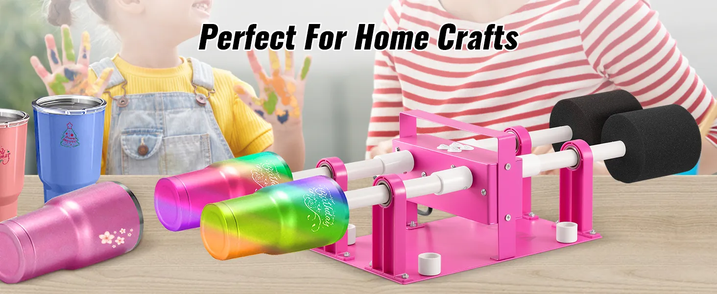 VEVOR Volteador de 4 tazas con vasos de colores, ideal para manualidades caseras y un niño con manos pintadas.