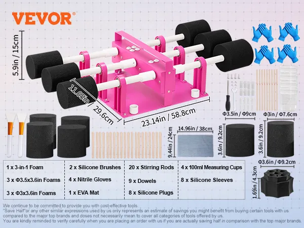 Volteador de vasos VEVOR con varios accesorios, incluidos insertos de espuma, tazas medidoras y guantes.