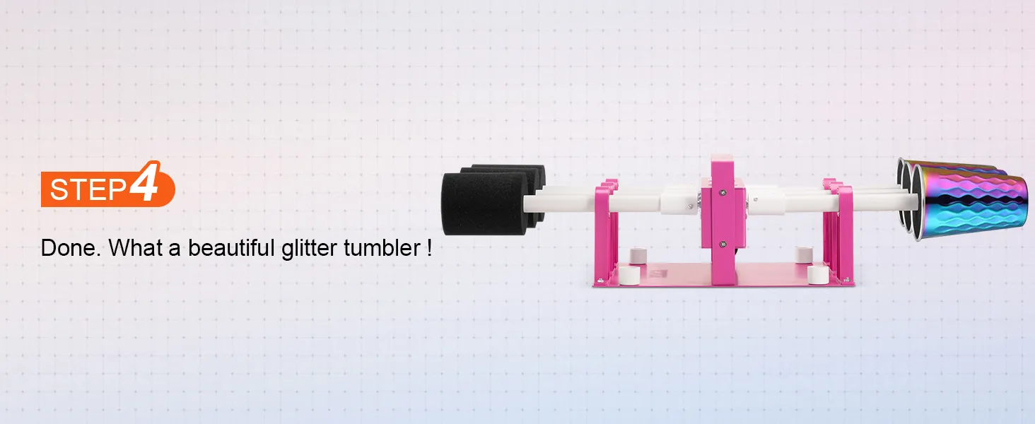 Volteador de vasos VEVOR en color rosa con un vaso con purpurina terminado sobre un fondo de cuadrícula, paso 4 resaltado.