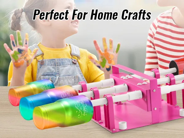 Volteador de vasos VEVOR para manualidades caseras que muestra vasos coloridos y niños en el fondo.