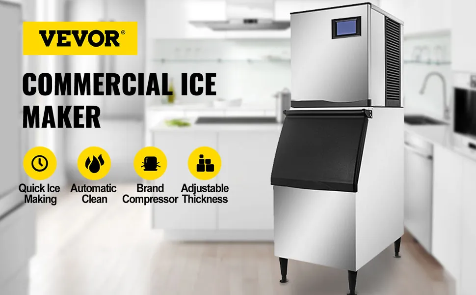 Máquina de hielo comercial VEVOR en una cocina, destacando la fabricación rápida de hielo y el espesor ajustable.