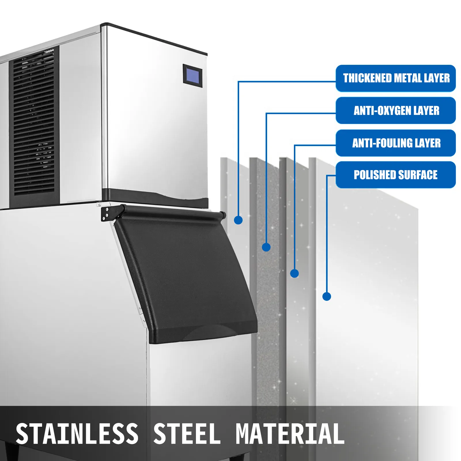 Máquina de hielo comercial VEVOR con capas de acero inoxidable que detallan características de durabilidad.