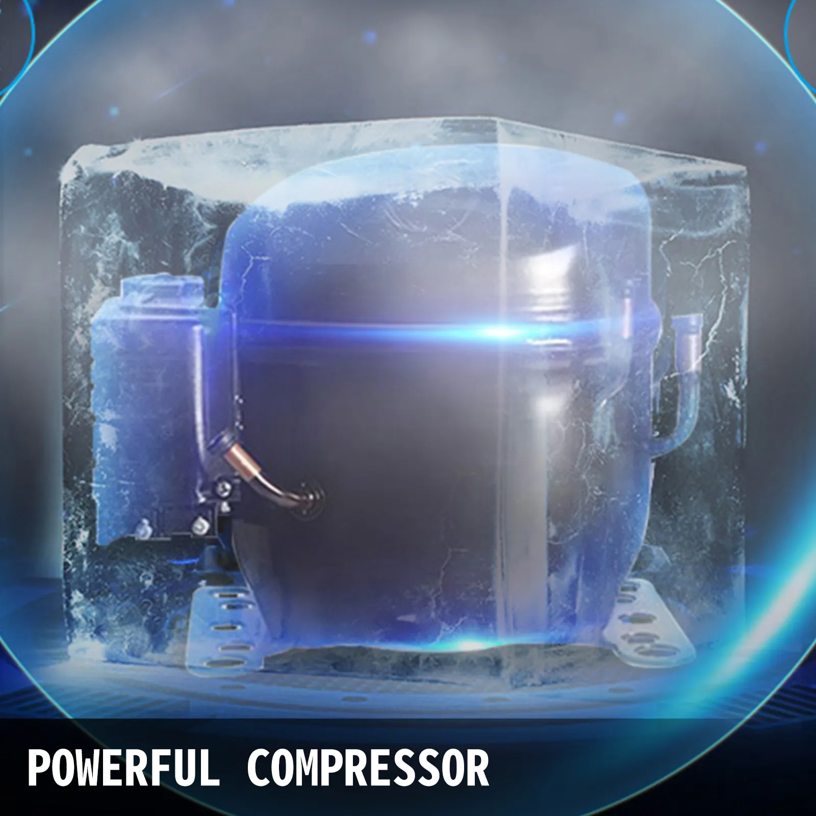 Máquina de hielo comercial VEVOR con un potente compresor recubierto de hielo.