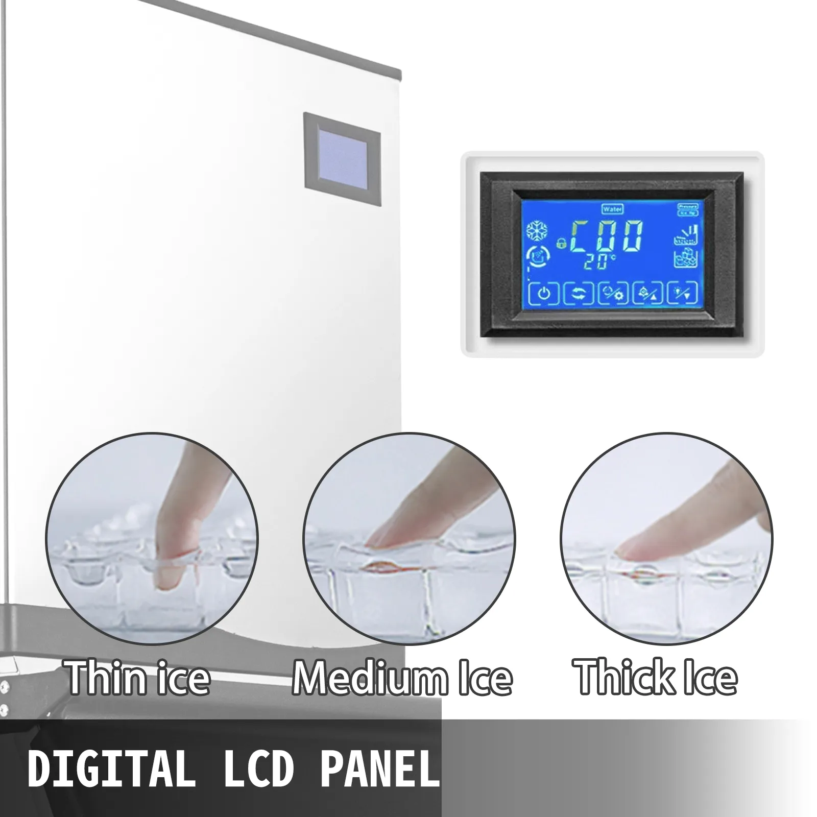Máquina de hielo comercial VEVOR con panel LCD digital y opciones para hielo fino, mediano y grueso.