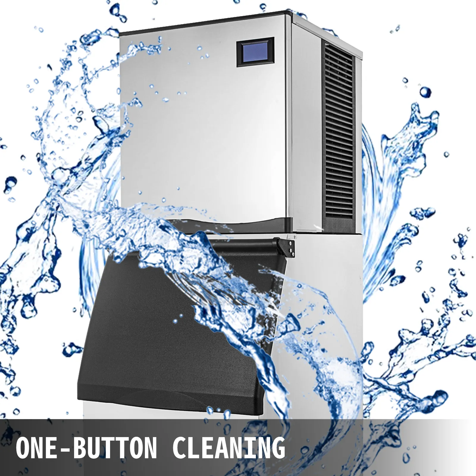 Máquina de hielo comercial VEVOR con efecto de salpicadura de agua para limpieza con un solo botón.