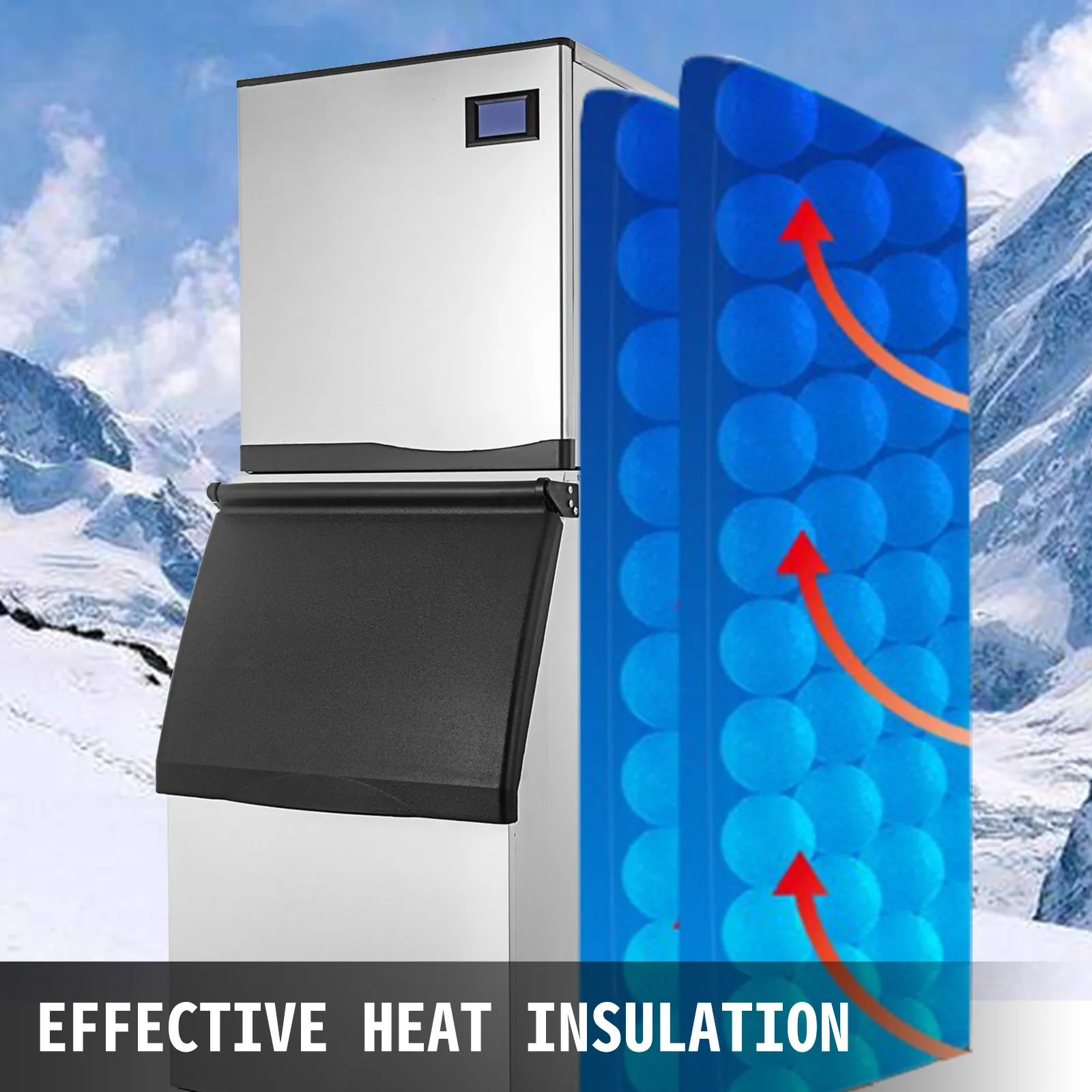 Máquina de hielo comercial VEVOR que muestra un aislamiento térmico eficaz en un contexto de montaña nevada.