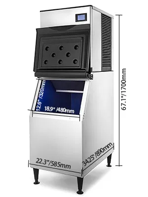 VEVOR commercial ice maker with dimensions labeled in millimeters.