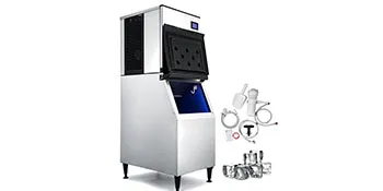 VEVOR commercial ice maker with ice storage and accessories, shown in white and black.